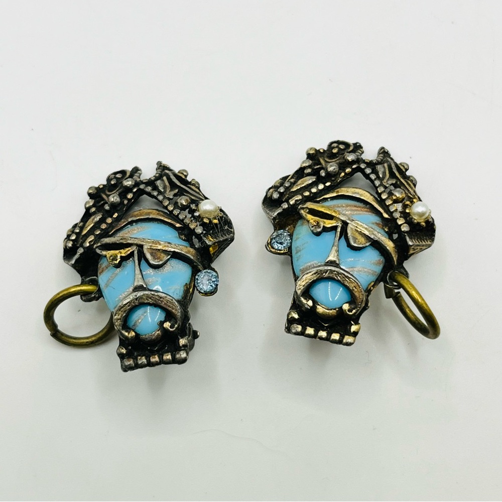 Vintage Rare Selro SELINI Unsigned Pirate Glass Cabochon faux Pearl Earrings